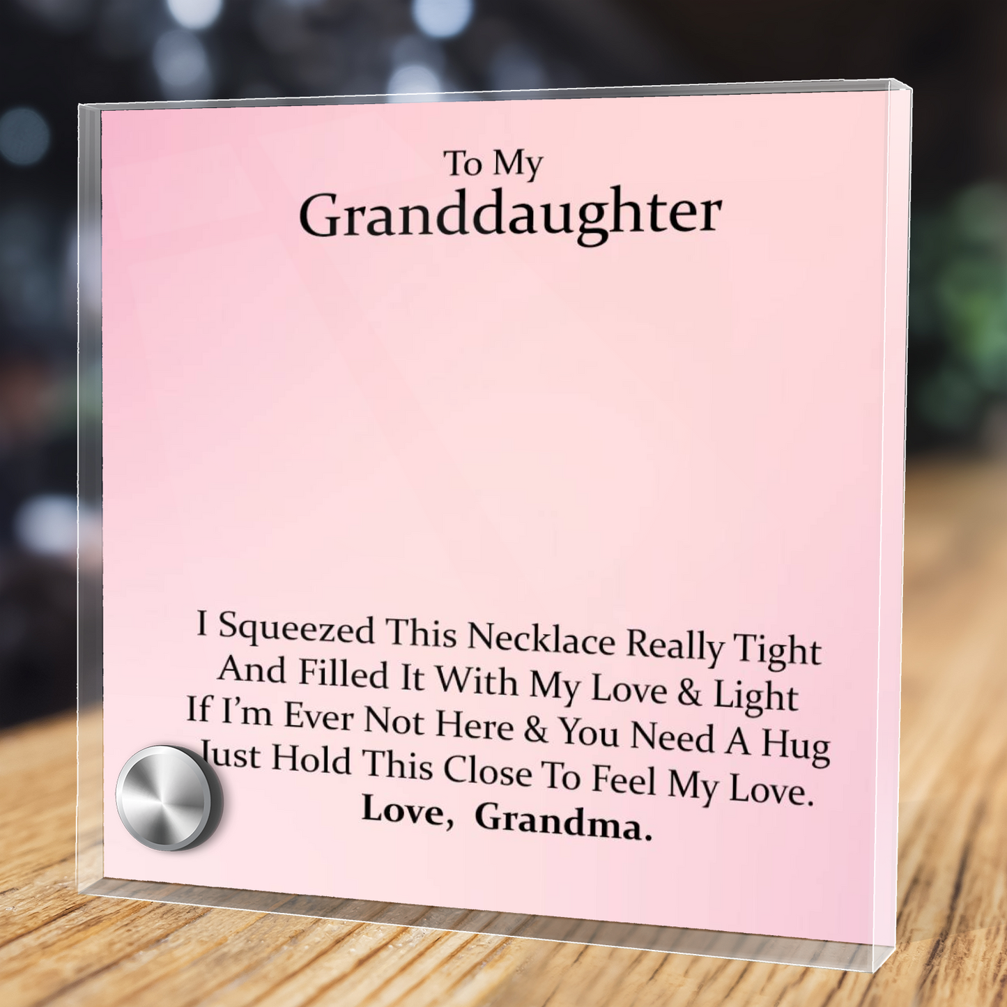 Luxury Glass Message Card + 14K White Gold Necklace | To My Grand Daughter - Love, Grandma | Permanent Message Card Display Message | Soft Pink