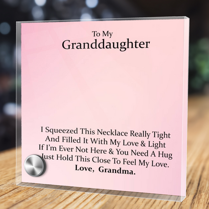Luxury Glass Message Card + 14K White Gold Necklace | To My Grand Daughter - Love, Grandma | Permanent Message Card Display Message | Soft Pink
