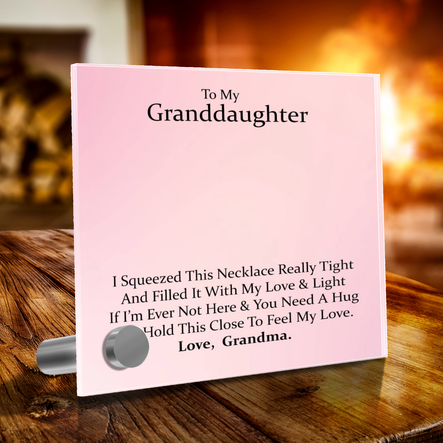 Luxury Glass Message Card + 14K White Gold Necklace | To My Grand Daughter - Love, Grandma | Permanent Message Card Display Message | Soft Pink