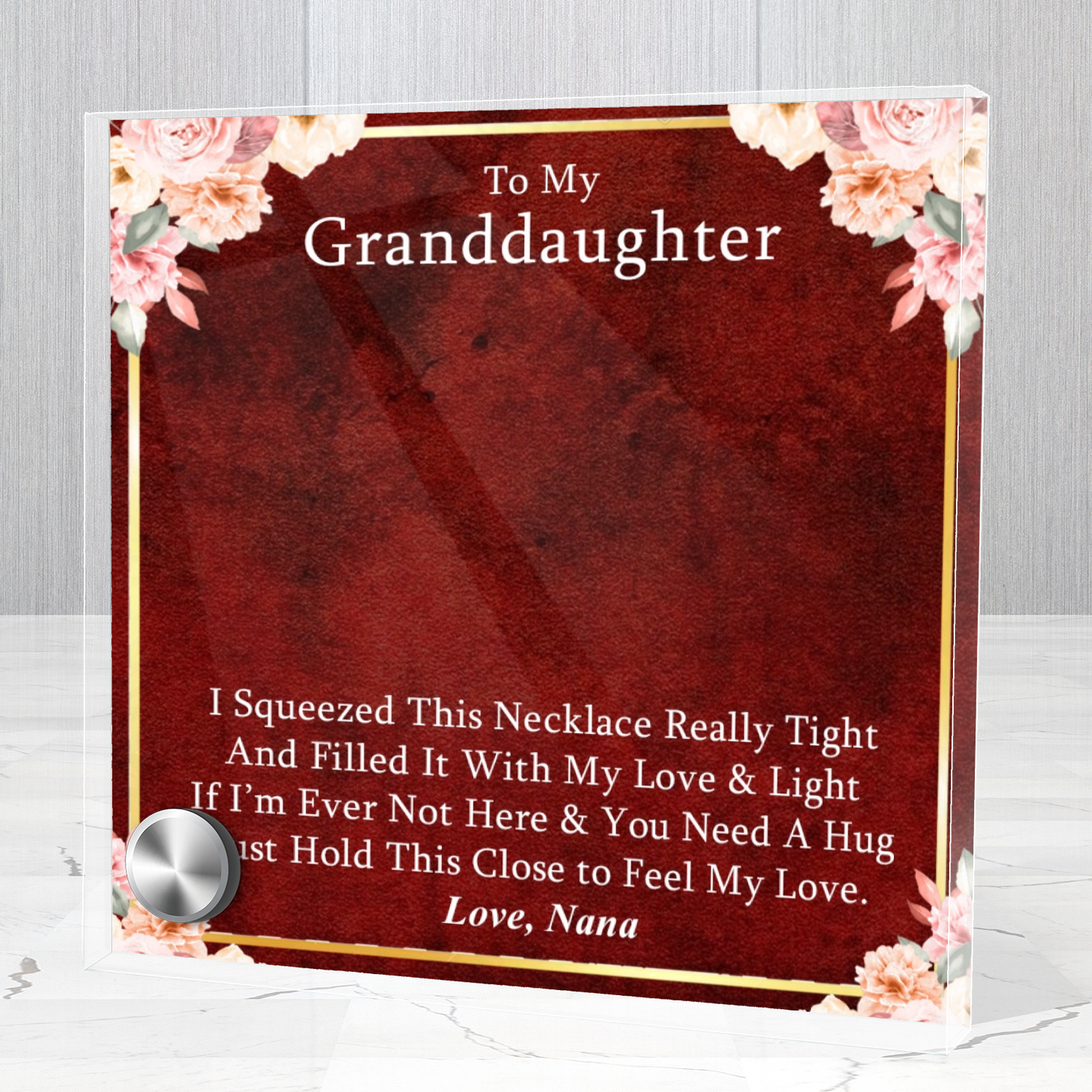 Luxury Glass Message Card + 14K White Gold Necklace | To My Grand Daughter - Love, Nana | Permanent Message Card Display Message