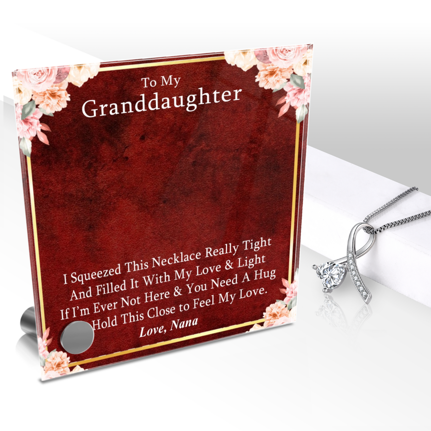 Luxury Glass Message Card + 14K White Gold Necklace | To My Grand Daughter - Love, Nana | Permanent Message Card Display Message