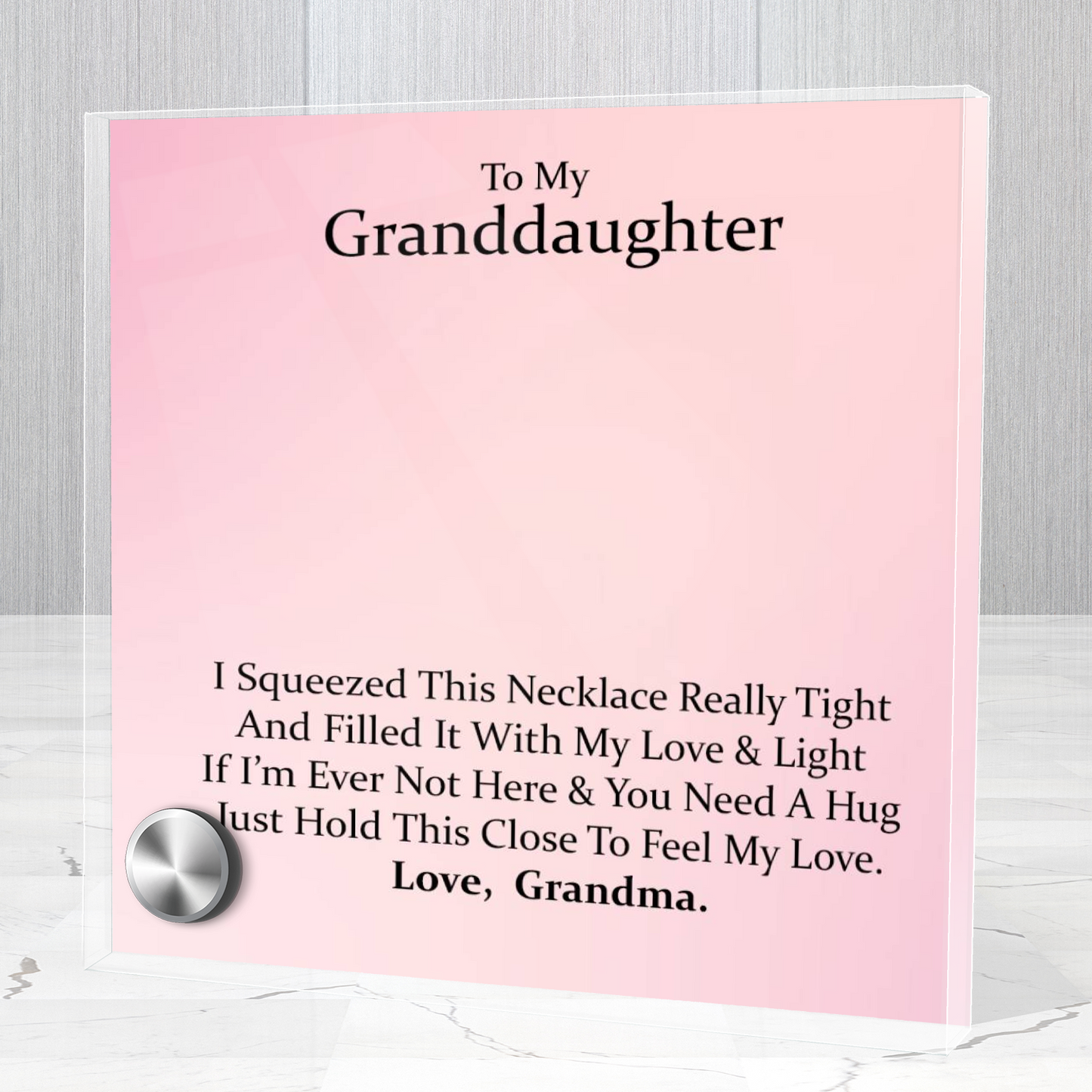 Luxury Glass Message Card + 14K White Gold Necklace | To My Grand Daughter - Love, Grandma | Permanent Message Card Display Message | Soft Pink