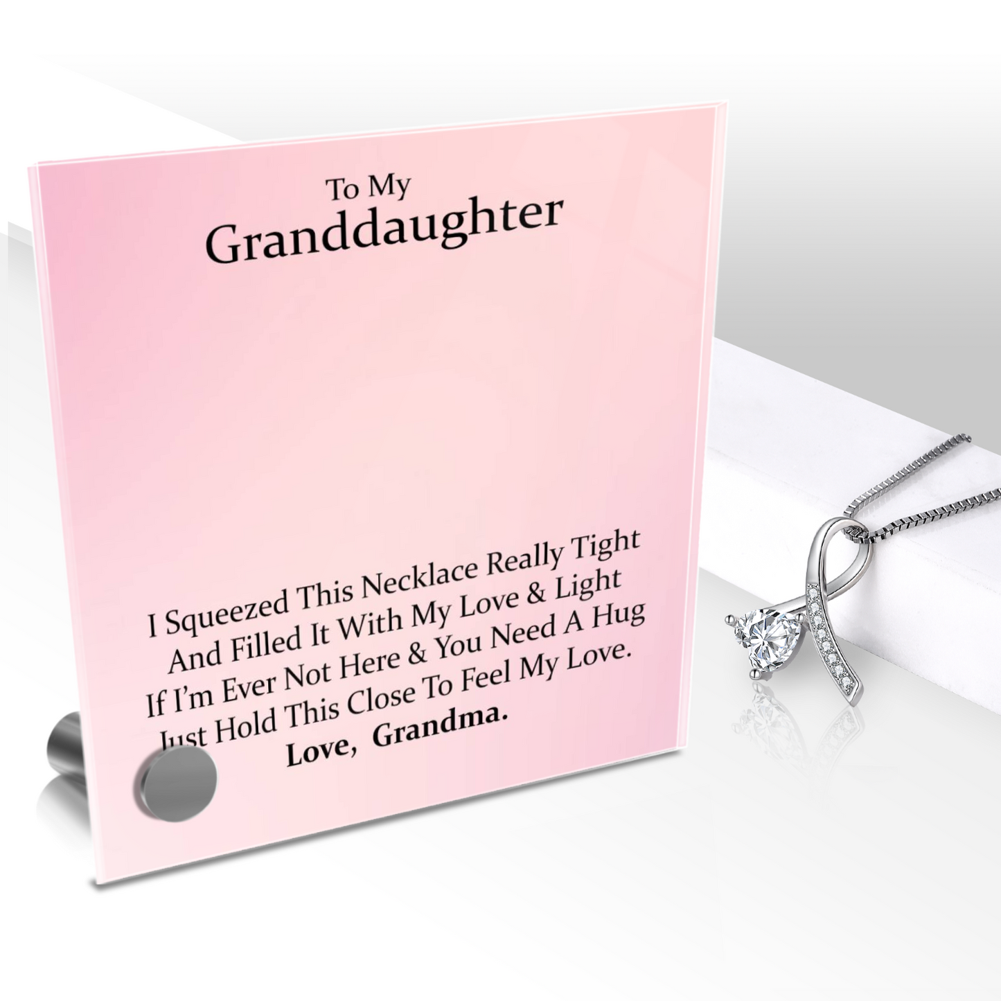 Luxury Glass Message Card + 14K White Gold Necklace | To My Grand Daughter - Love, Grandma | Permanent Message Card Display Message | Soft Pink