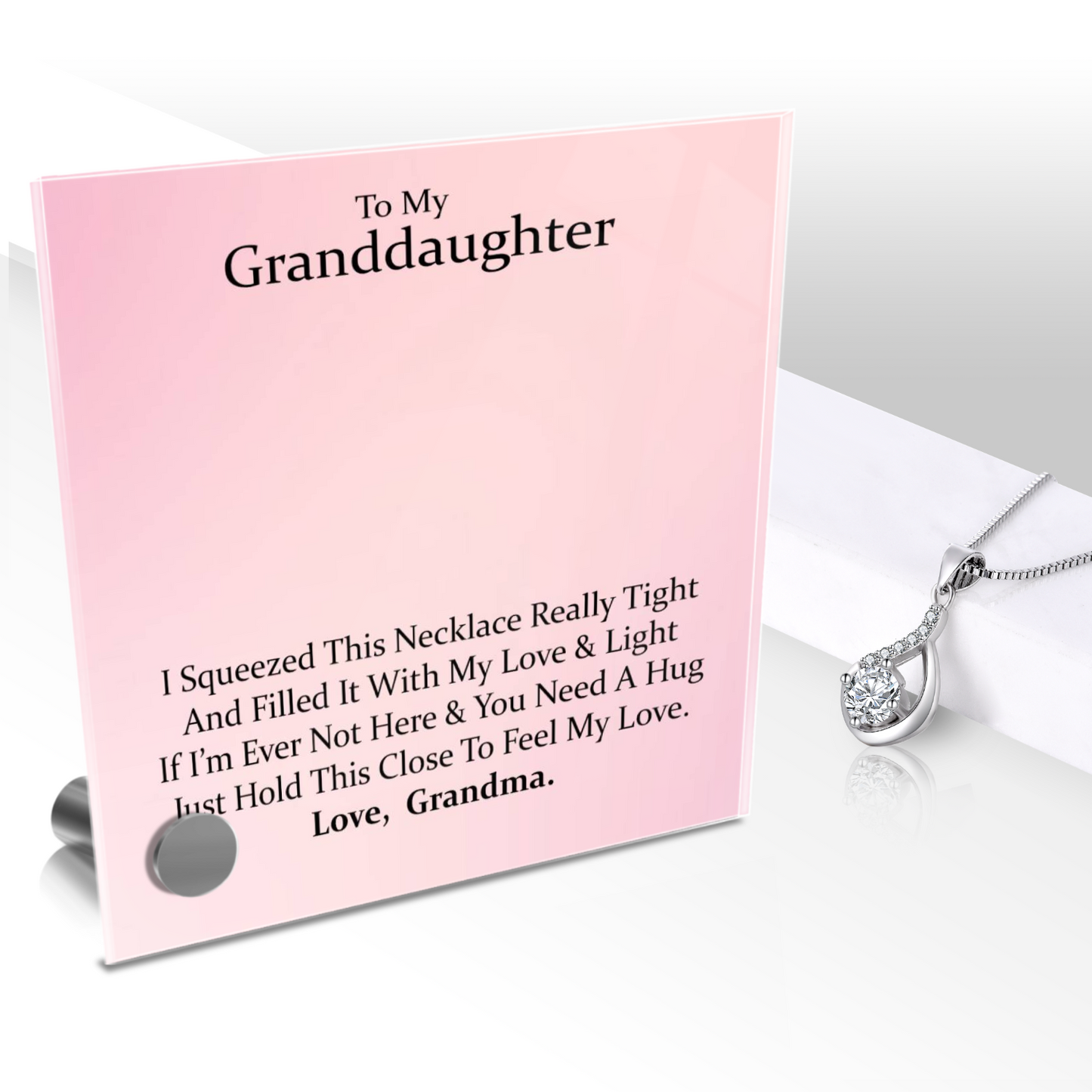 Luxury Glass Message Card + 14K White Gold Necklace | To My Grand Daughter - Love, Grandma | Permanent Message Card Display Message | Soft Pink