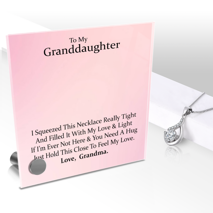 Luxury Glass Message Card + 14K White Gold Necklace | To My Grand Daughter - Love, Grandma | Permanent Message Card Display Message | Soft Pink Lumen Glass Message With Love Drop Pendant